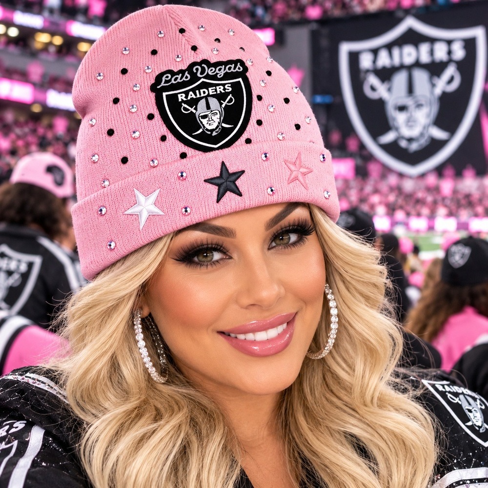 Las Vegas Raiders Pink Rhinestone Star Knit Beanie Hat NFL Fan Gear